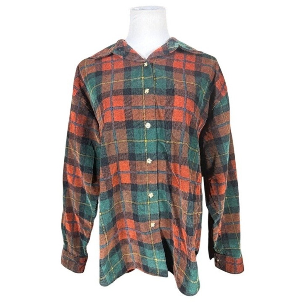 Mark Shale Womens Plaid Corduroy Button Down‎ Shirt Green Orange USA Made Sz 14